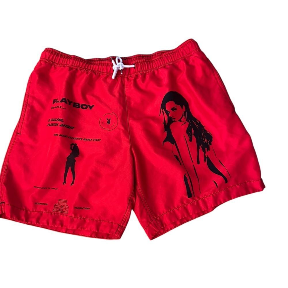 PLAYBOY Red Graphic Swim Shorts ~ size Medium